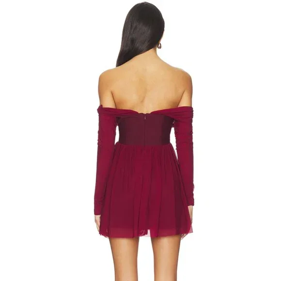 NEW MORE TO COME Kristiana Mini Dress Plum Red Purple Long Sleeve Cold Shoulder - Picture 3 of 6